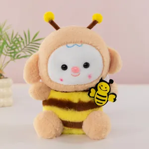 Close-up of a cute honey bee plush doll featuring soft fur and a striped costume detail