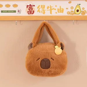 Detailed close-up of a cute brown plush capybara-shaped handbag hanging on a hook