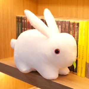 Adorable white plush rabbit toy stuffed animal displayed on a bookshelf in warm light