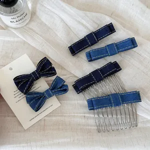Blue Denim Bowknot Hair Clip Sweet Girl Side Fringe Clip Double Layer Butterfly Bow Hair Comb For Women Hair Accessories
