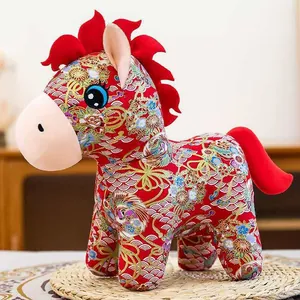 Detailed view of traditional Chinese floral fabric plush horse mascot for Year of the Horse