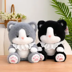 Pair of adorable soft plush cat dolls in grey and black with lace collars
