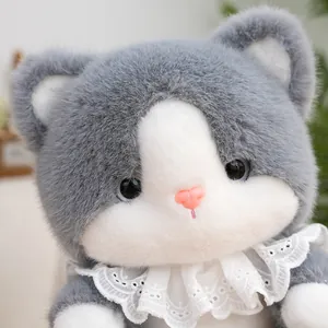 Adorable gray and white plush cat doll with a cute lace collar, perfect as a cozy gift