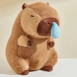 Close-up view of a cute brown capybara plush toy featuring a unique blue snot bubble design.