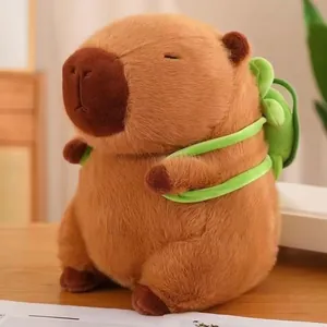 Detailed shot of a cute brown capybara plush toy wearing a small green backpack