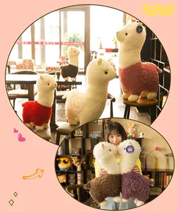 Zachte alpaca knuffels in verschillende kleuren getoond met een model