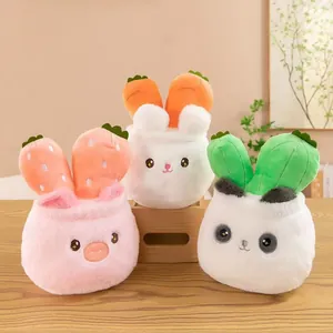Detailed view of three cute 8-inch plush animal dolls with fruit and plant designs