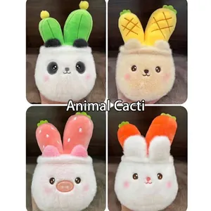 Detailed collage of four cactus-themed animal plush toys: panda, bear, pig, and rabbit