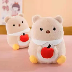 Soft 8-inch plush bear toy doll holding a red apple accessory with white collar detail