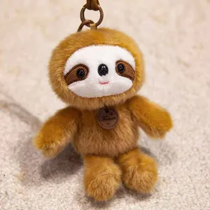 Detailed macro shot of a cute brown plush sloth keychain with Fashion tag accessory
