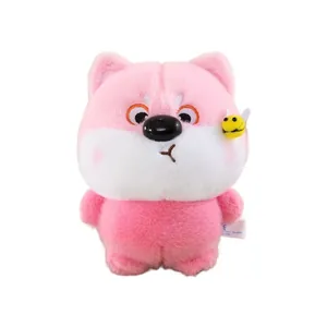 Soft pink plush puppy doll featuring a small yellow bee decoration on a clean white background