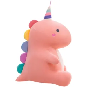 Peluche de dinosaurio rosa suave con cuerno de unicornio colorido y placas dorsales arcoíris