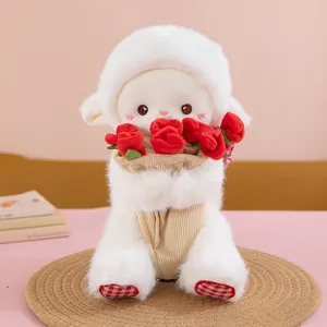 Detailed close-up of a soft white plush sheep doll holding vibrant red magnetic roses