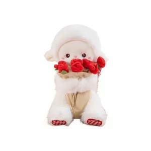 Adorable white lamb plush toy holding a bouquet of magnetic red roses gift for her