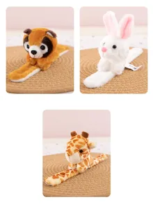 Collection of soft plush animal slap bracelets including raccoon, rabbit and giraffe