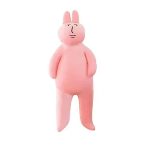 Funny pink rabbit plush toy with satirical expression for bedroom decoration.