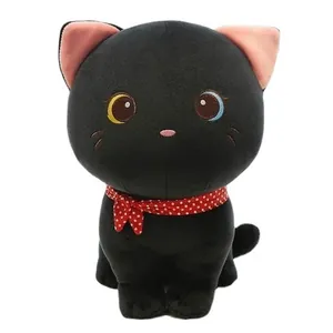 Adorable black cat plush toy featuring a red polka-dot ribbon and unique crescent moon eyes.