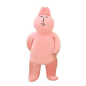 Close-up view of a long pink plush bunny toy with a funny disinterested facial expression
