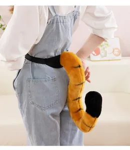 Close-up detail of a realistic plush tiger tail accessory worn with a belt for cosplay