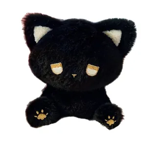 Adorable black emo cat plush toy with soft fur and detailed embroidered eyes