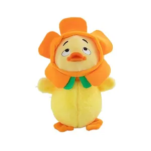 Cute yellow duck plush toy wearing an orange flower hat, soft stuffed animal doll gift