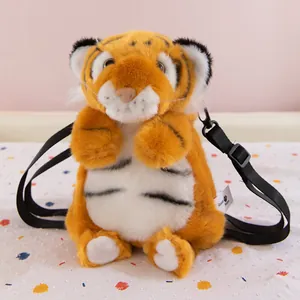 Close-up of cute tiger-shaped plush crossbody bag with soft faux fur texture