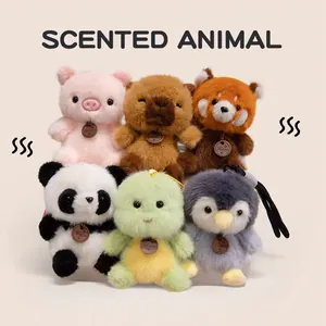 Collection of cute scented plush animal keychains including panda, penguin, and capybara