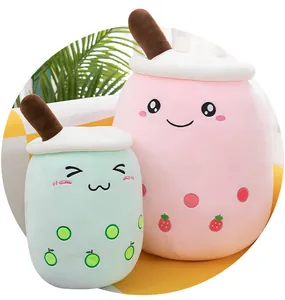 Kawaii bubble tea cup plush toys in pink and green with cute expressions for gifts