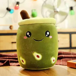 Cute avocado green bubble tea plush toy with smiley face and soft premium plush texture