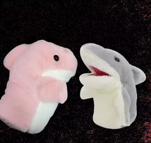 Pair of cute plush shark hand puppets with movable mouths for interactive storytelling
