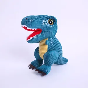 Dettaglio laterale di un peluche di T-Rex blu con trama a squame realistica per bambini.
