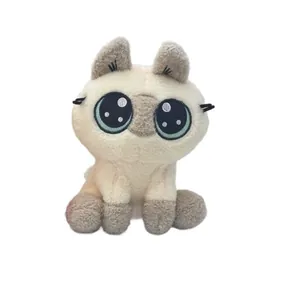 Front view detail of a cute cream plush cat toy with large teal embroidered eyes