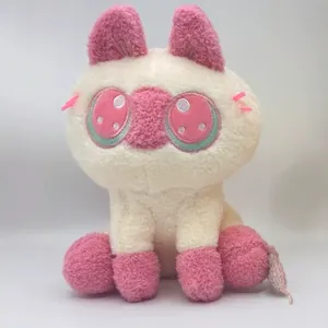 Adorable white and pink sitting cat plush toy with large embroidered eyes for girls gift.
