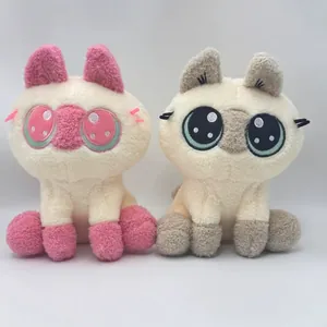 Pair of cute plush cat dolls with large eyes in sitting position for girls gift.