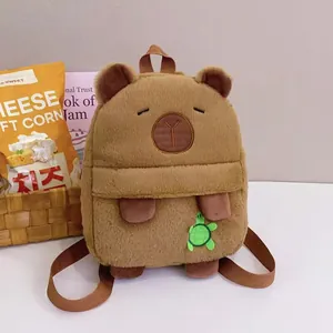 Adorable soft plush Capybara backpack with a small green turtle charm for girls