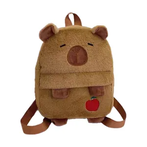 Cute brown plush Capybara backpack for girls with soft faux fur and red apple