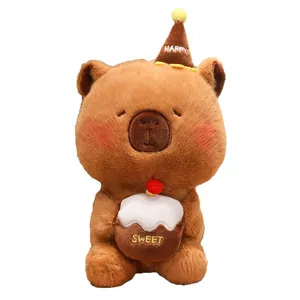 Cute Capybara plush toy with birthday hat and cake, soft sleeping pillow gift for kids.