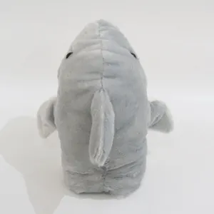 Detailed back view of a soft gray plush shark hand puppet toy showing its small fins