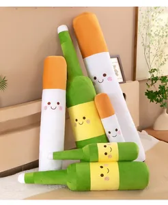 Detailed view of creative plush pillows in cigarette and beer bottle shapes