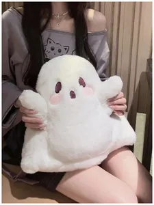Cute white plush ghost backpack for girls, soft cartoon doll bag detail view, kawaii style.