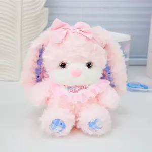 Soft Puffy Series Long Eared Rabbit Plush Toy With Pink Bowtie And Ruffled Collar Stuffed Animal Bunny Doll For Kids Gift