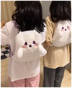 Two girls wearing cute white fluffy ghost plush backpacks in an indoor home setting