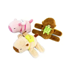 Three cute plush capybara slap bracelets in pink, tan, and brown colors