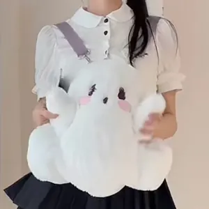 Adorable white plush ghost character backpack with purple adjustable straps worn by girl