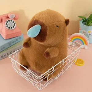 Adorable brown capybara plush toy with runny nose design sitting in white basket