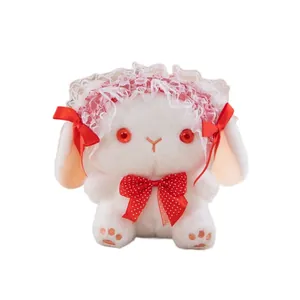 Adorable Lolita style white rabbit plush toy doll with red lace bonnet and polka dot bow