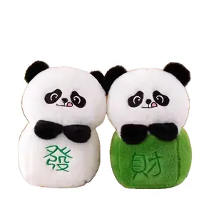 Pair of cute panda plush doll keychains featuring traditional Chinese fortune embroidery