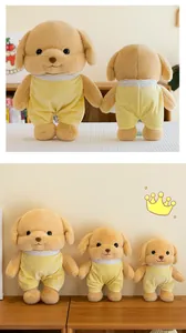 Cute plush puppy dogs in three sizes wearing yellow lace outfits on a wooden shelf