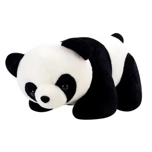 Detailed side view of a cute plush panda doll showing soft black and white fur texture.