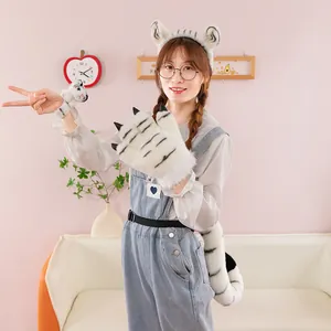 White plush tiger costume set featuring striped ears headband, paws, and tail for cosplay